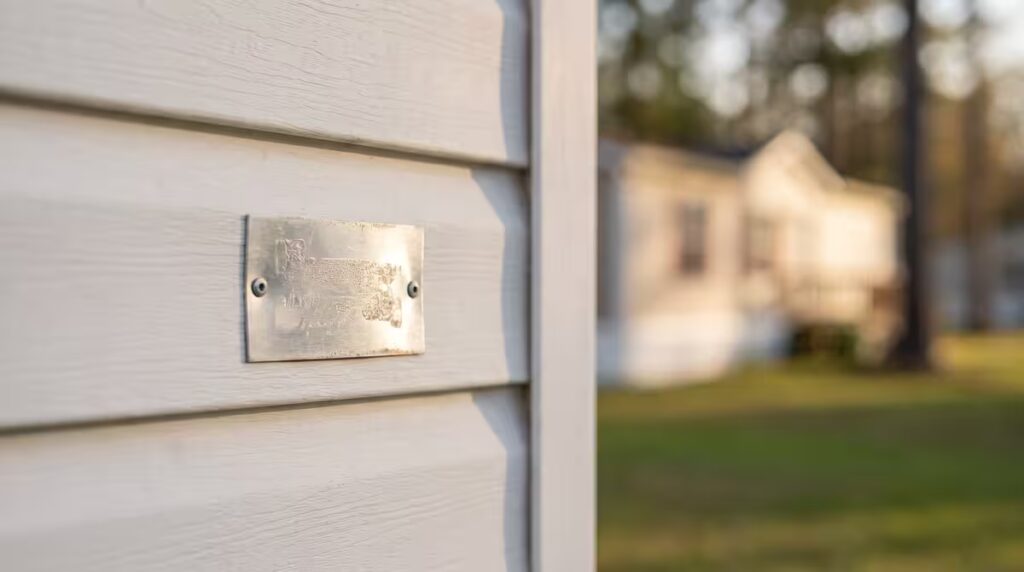 Weathered metal plate screwed to white mobile home siding, blurred house and trees in background.
