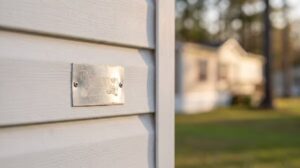 Weathered metal plate screwed to white mobile home siding, blurred house and trees in background.
