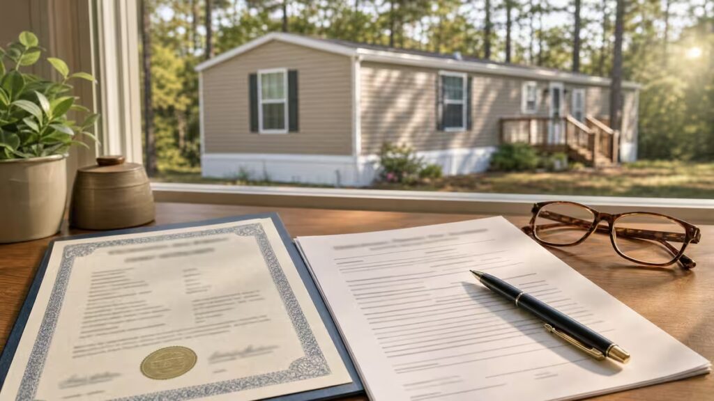 Documents, pen, and glasses on a desk with a mobile home visible through the window