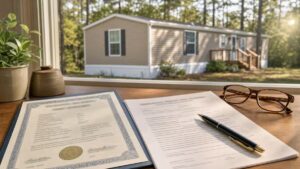 Documents, pen, and glasses on a desk with a mobile home visible through the window