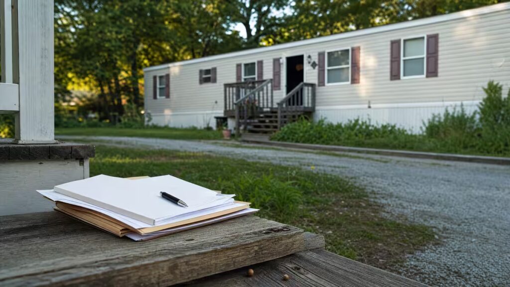 Notebook and pen on wooden porch steps with a mobile home in the background