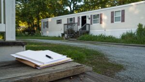 Notebook and pen on wooden porch steps with a mobile home in the background