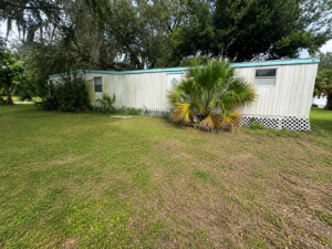 White mobile home with teal trim surrounded by grass, palm plants, and trees