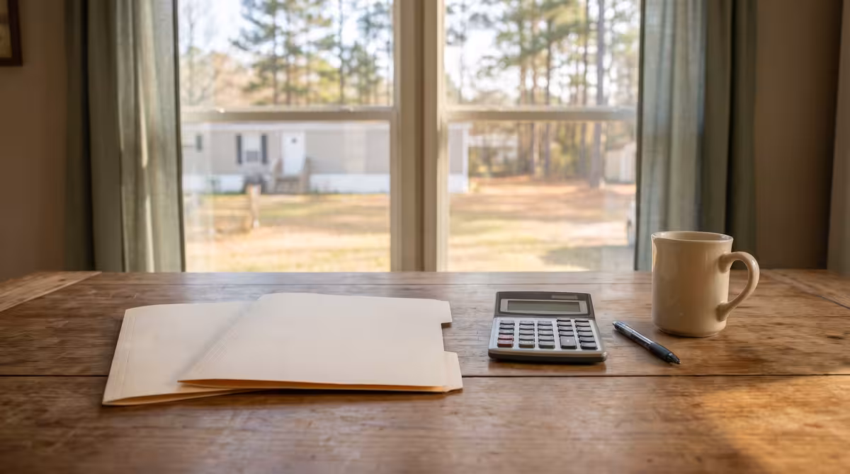 Manila folder, calculator, pen, and coffee mug on a wooden table beside a window overlooking a mobile home.