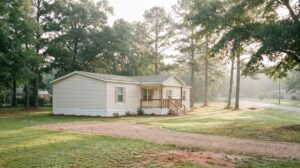 Single-wide mobile home with front porch nestled among tall pines in misty morning light