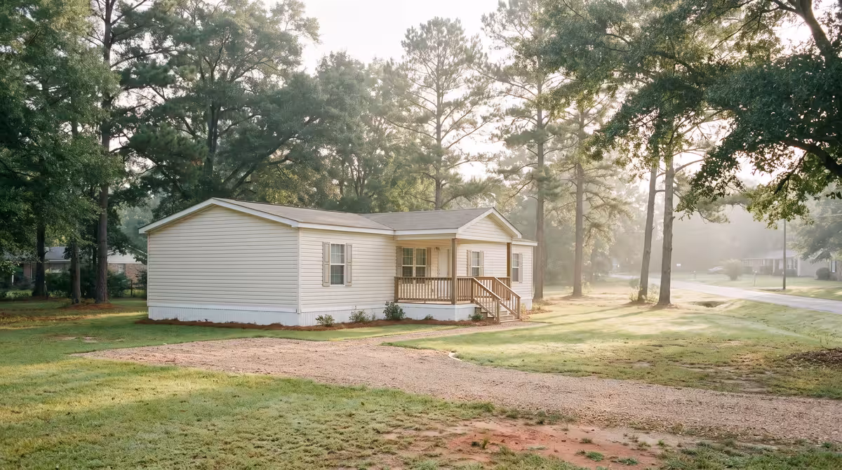 Single-wide mobile home with front porch nestled among tall pines in misty morning light