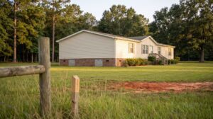 Single-wide mobile home with brick skirting on a grassy lot surrounded by tall trees.